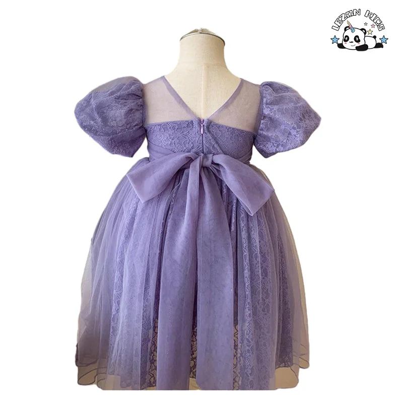 LEZONKIDS - Vestido de Festa de Malha Roxa com Manga Bufante Personalizado para Meninas, Vestidos de Tule para o Verão
